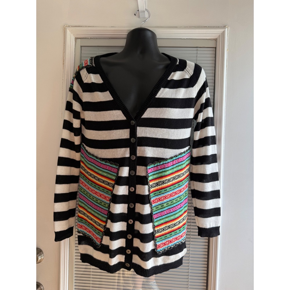 Custo Barcelona Cardigan Womens Size 2 Black White Stripe Multi Color Excellent